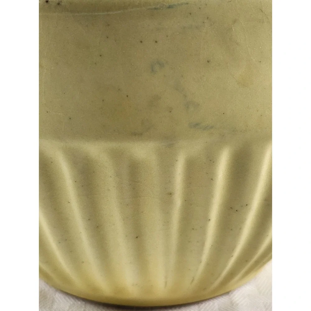 Vintage Ribbed Mustard Yellow Splash Of Green Stoneware Mixing Bowl Matte Signed